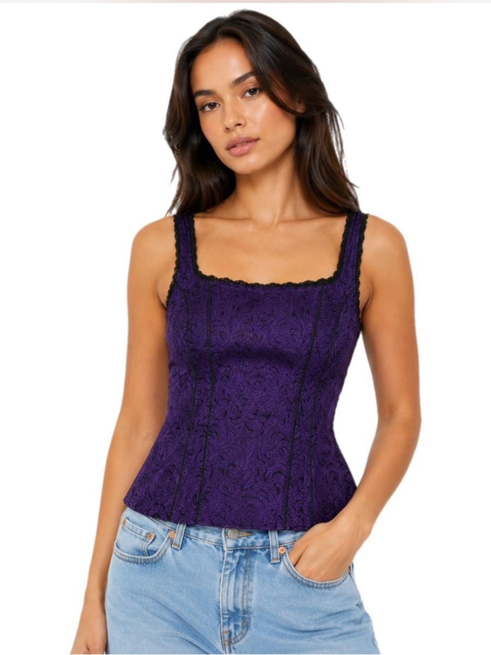 White House Black Market Purple Corset Inspired Embroidered Lace Tank Top XS/S